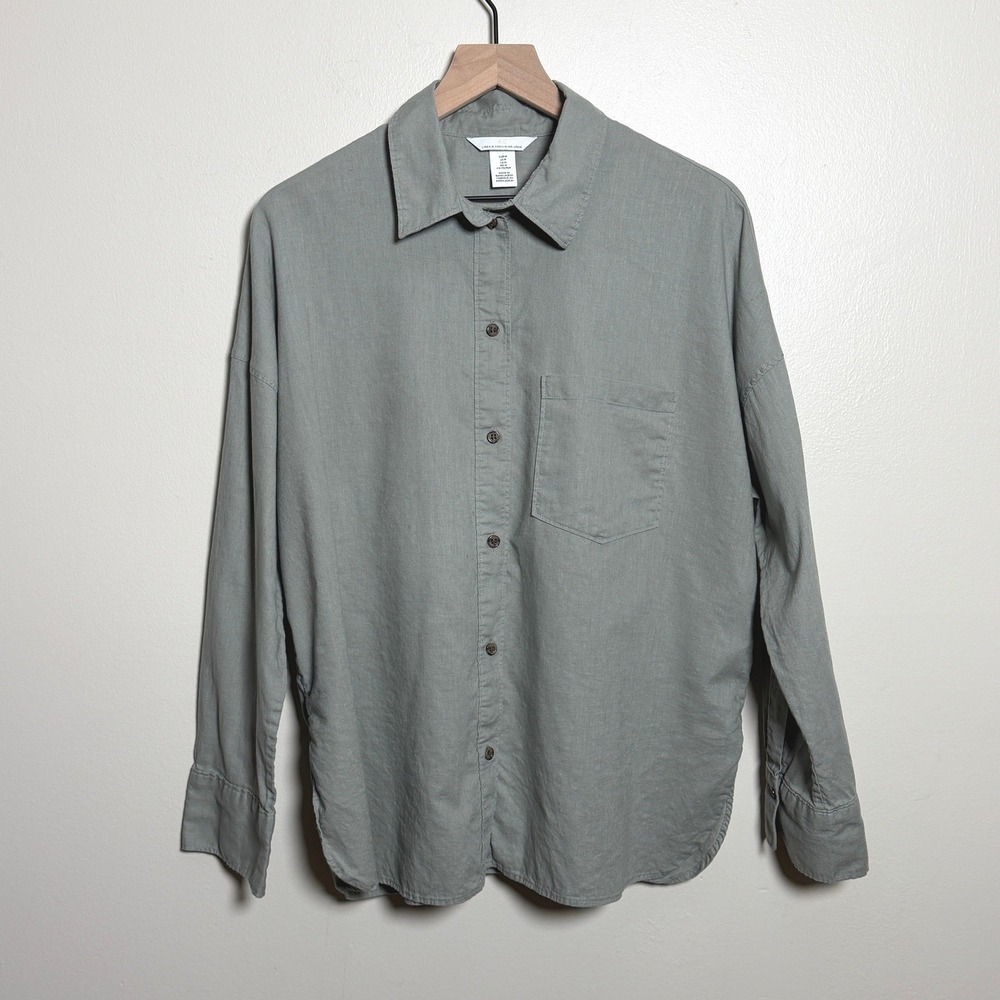 HM Sage Green Linen Blend Long Sleeve Button Down Oversized Shirt Mens M Coastal